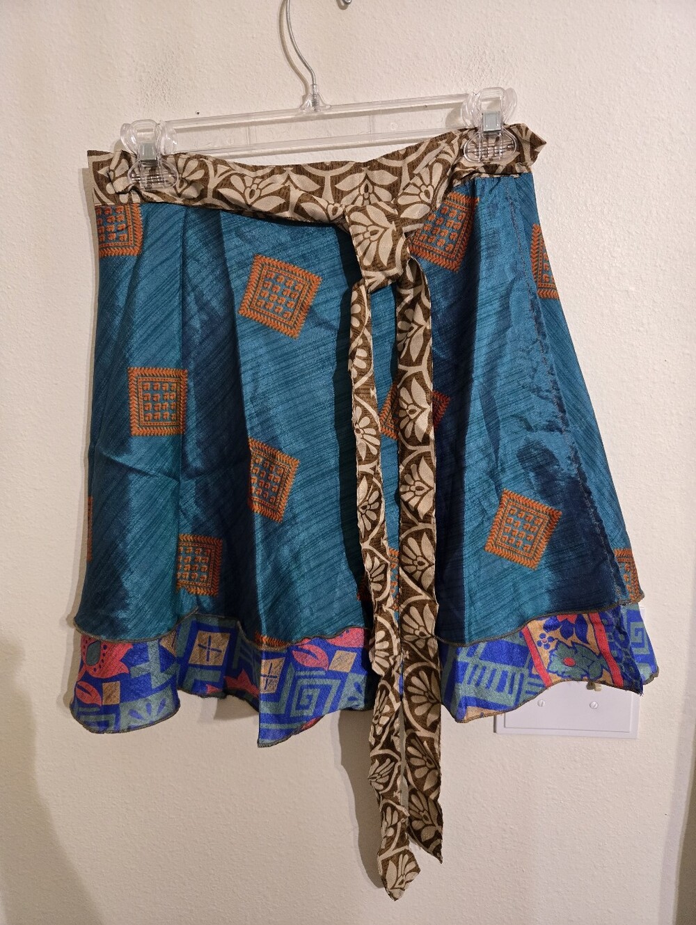Teal Patterned Circle Skirt with Brown Tie Waist